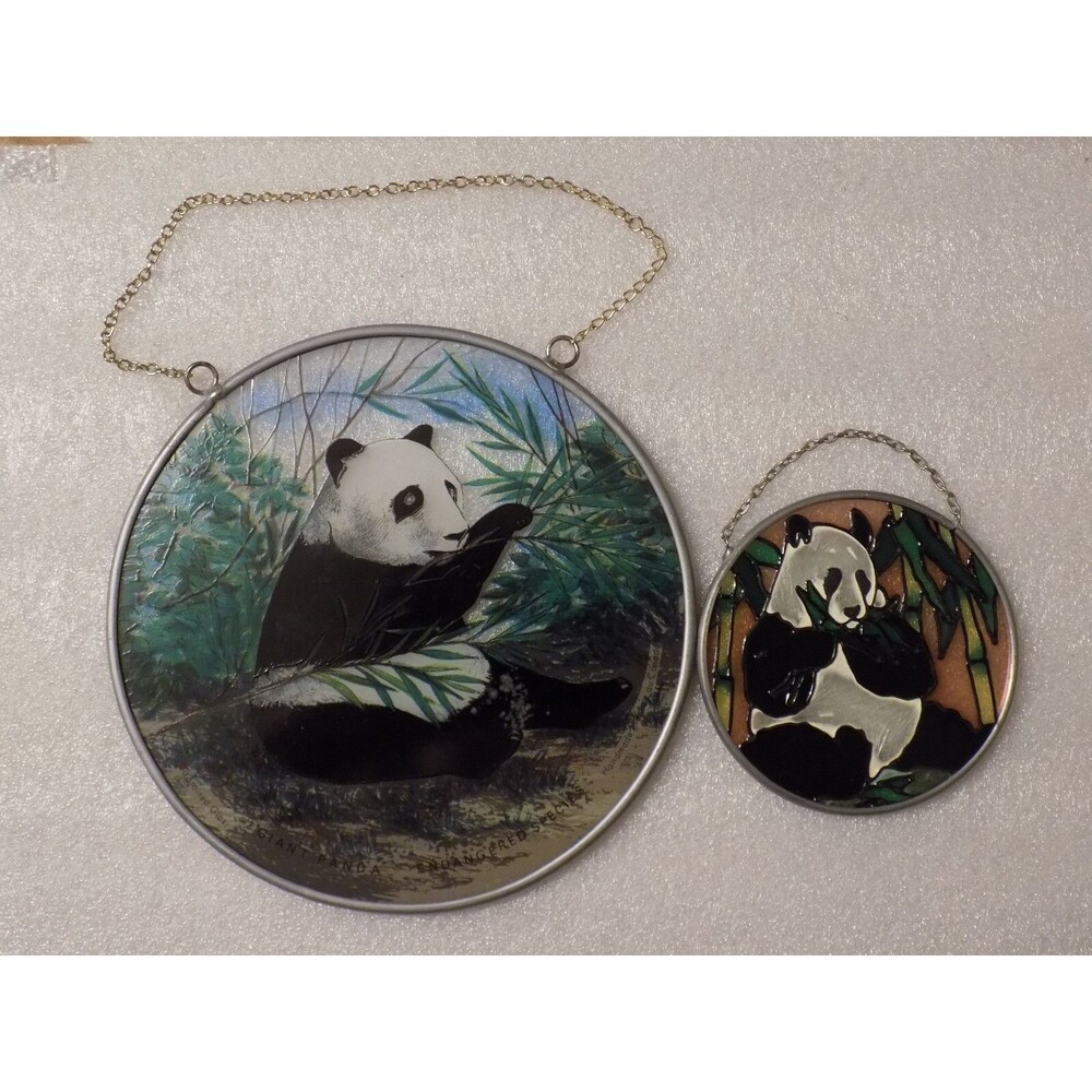 Lot of 2 Panda Bear Round Glass Painted/Stained Suncatcher Window/Wall